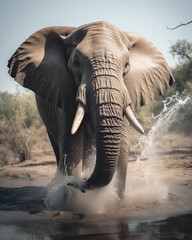 Sticker - AI-generated illustration of an African elephant taking a refreshing shower.