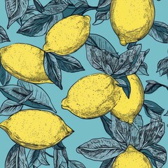 Canvas Print - AI generated illustration of an abstract, seamless pattern featuring yellow lemons with green leaves