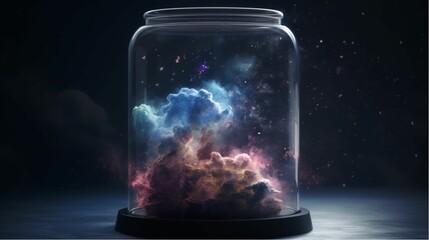 Wall Mural - AI generated illustration of a clear glass container a miniature galaxy inside