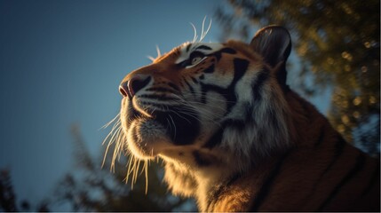 Poster - a tiger standing in front of trees and looking up at something