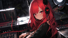Gothic Lo-fi Anime Character. DJ Girl Artist In A Black Dress With Red Hair. Created With Generative AI.