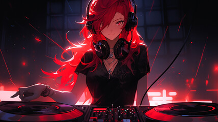 Gothic lo-fi anime character. DJ girl artist in a black dress with red hair. Created with Generative AI.