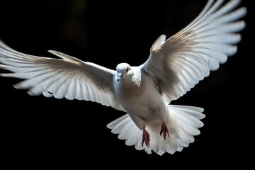 Poster - AI generated illustration of a white dove gliding gracefully in the dark sky