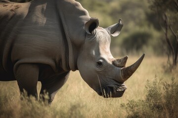 Wall Mural - AI generated illustration of a majestic rhino in a grassy field