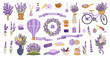 Lavender flowers, herb and bunch, perfume, cosmetics and oil, candles and bouquet. Isolated vector set in cute provence style, wreath, air balloon, bicycle, towels, jars, spa items for aroma therapy