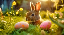 AI Generated Illustration Of A White Rabbit Is Sitting In A Lush Green Grassy Field Near Easter Eggs