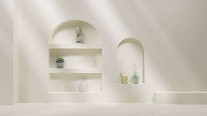 Leinwandbilder - modern minimalistic cozy white home interior background, white wall with shelves and design, wall and floor sunlight beams from window and shadows. white background with spotlights