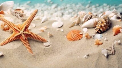 Poster - AI generated illustration of starfish and seashells on a sandy beach overlooking the ocean