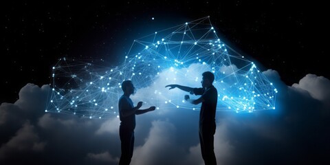 Aufkleber - people connected via cloud, cyberspace, CGI Image of Two Smartphones Networking with the Cloud, Creating Links in a Space of Light Blue