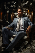Businessman Sitting On An Armchair. A Lot Of Money Around Him. Generative AI
