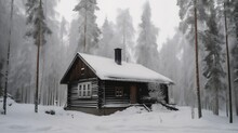 AI Generated Illustration Of Quaint Winter Cottage In A Snow-covered Forest Surrounded By Evergreens