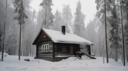 Poster - AI generated illustration of quaint winter cottage in a snow-covered forest surrounded by evergreens