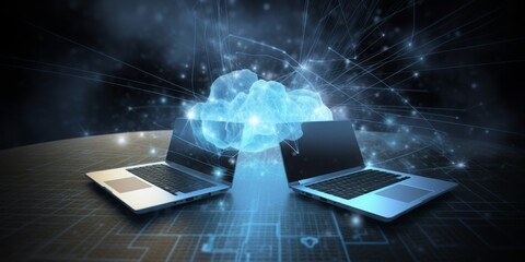 Fototapete - two labtops connected with the cloud,  CGI Image of Two Laptops Networking with the Cloud, Creating Connections in a Space of Light Blue