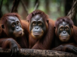 Poster - AI generated illustration of orangutans on a tree branch in a natural outdoor setting