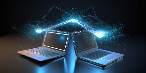 Fototapete - two labtops connected with the cloud,  CGI Image of Two Laptops Networking with the Cloud, Creating Connections in a Space of Light Blue