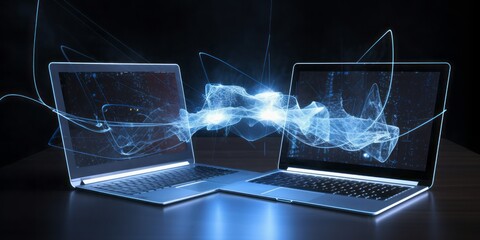 Fototapete - two labtops connected with the cloud,  CGI Image of Two Laptops Networking with the Cloud, Creating Connections in a Space of Light Blue