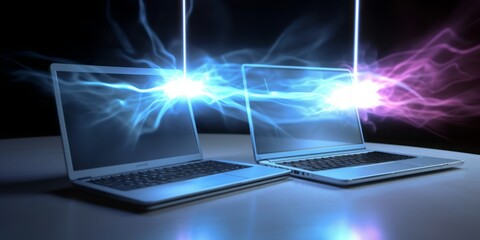 Fototapete - two labtops connected with the cloud,  CGI Image of Two Laptops Networking with the Cloud, Creating Connections in a Space of Light Blue