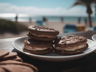 Sticker - AI generated illustration of a freshly made ice cream sandwich on top of a wooden table