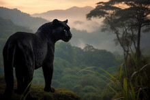 Stunning Wild Black Jaguar In The Jungle With Green Plants, Trees And Mountains In The Background. Amazing Wildlife. Generative Ai