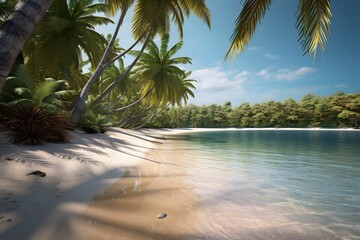 Poster - AI generated illustration of a beach with a long stretch of sand surrounded by lush green trees