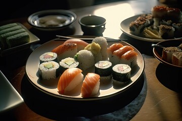 Sticker - AI generated illustration of tasty sushi rolls with seafood delicacies, including shrimp, salmon