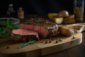 Poster - AI generated illustration of a freshly prepared steak and potatoes meal, served on a wooden board