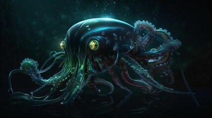 Wall Mural - AI generated illustration of an underwater view of a fictional octopus swimming in a dark water