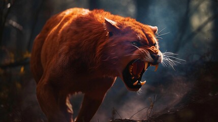 Wall Mural - AI generated illustration of a furious saber-toothed cat roaring and showing its sharp teeth