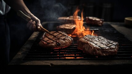 a person grilling steaks over a fire pit with tongs