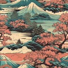 Wall Mural - an asian style wallpaper featuring flowers and mountains in different colors