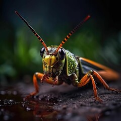 Poster - AI generated illustration of a close-up of a grasshopper with long antennae on top of a dirt surface