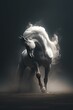 AI generated illustration of a white horse against a dusty landscape galloping