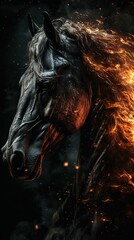 Sticker - AI generated illustration of a glossy black horse running in the middle of a fiery landscape