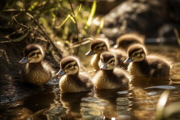 Canvas Print - AI generated illustration of ducklings enjoy a swim in a peaceful pond