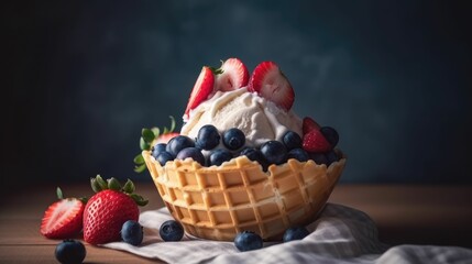 Canvas Print - AI generated illustration of Belgian waffles topped with scoops of ice cream, garnished with berries