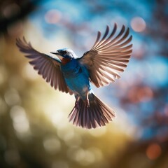 Wall Mural - AI generated illustration of Eurasian jay bird flying against blurred background