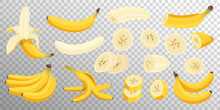 Set Of Fresh Banana Fruits Isolated On Transparent Background. Peeled And Whole Bananas, Banana Slices And Bunch Of Bananas. Tropical Fruits, Healthy Nutrition Menu. Vector Flat Cartoon Illustration