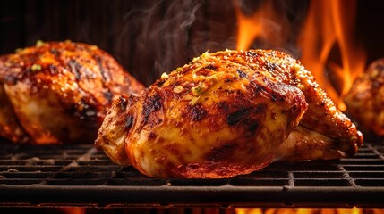 Poster - AI-generated illustration of a chicken sizzling on a hot grill against a backdrop of glowing flames.