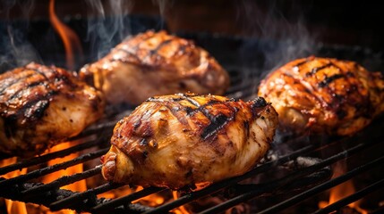 Poster - AI-generated illustration of a chicken sizzling on a hot grill against a backdrop of glowing flames.