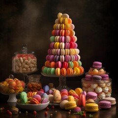 Wall Mural - AI-generated illustration of an array of colorful macarons decoration in different containers