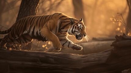 Sticker - Majestic Bengal tiger running through an autumnal forest, jumping over a log. AI-generated.