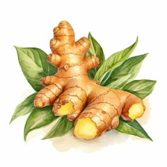 Sticker - AI generated illustration of a watercolor of a fresh ginger root with leaves on a white background