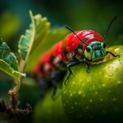 Canvas Print - AI generated illustration of A colorful caterpillar on an apple