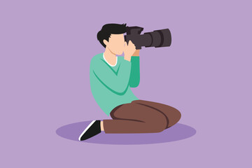 Wall Mural - Character flat drawing male photographer sits and holding dslr camera taking photographs. Professional photographer taking pictures, images. Creative profession job. Cartoon design vector illustration