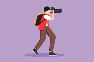 Sticker - Cartoon flat style drawing photographer or paparazzi taking photo with modern digital camera from all angles. Journalists or reporters with backpack making pictures. Graphic design vector illustration