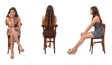 Back,side And Front View Same Young Girl Sitting On Chair On White Background