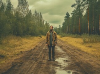 Confused man chooses road outdoor. Created with Generative AI technology.
