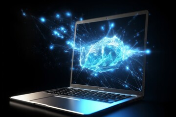 Poster - laptop on blue connection, Digital Frontier: CGI Image of a Laptop Networking with the Cloud, Creating Connections in a Space of Light Blue and Blue