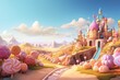 Land of giant candy, fantasy world with castle and trees made of candy, candies and colorful lollipops, Generative AI