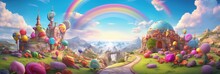 Candy World, Fantasy Land Made Of Candy With Castle And Colorful Lollipops, Generative AI